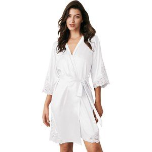 Women's Silk Robe Lace Trim Satin Kimono Robe Short Bridal Sleepwear for Bride